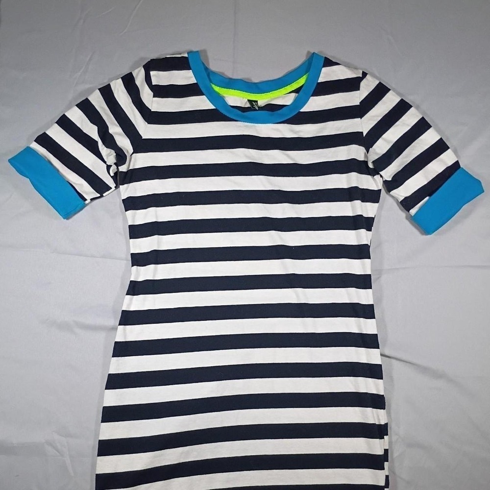 Dora Black and White Striped Short Sleeve T-Shirt Mini Dress Turquoise Trim